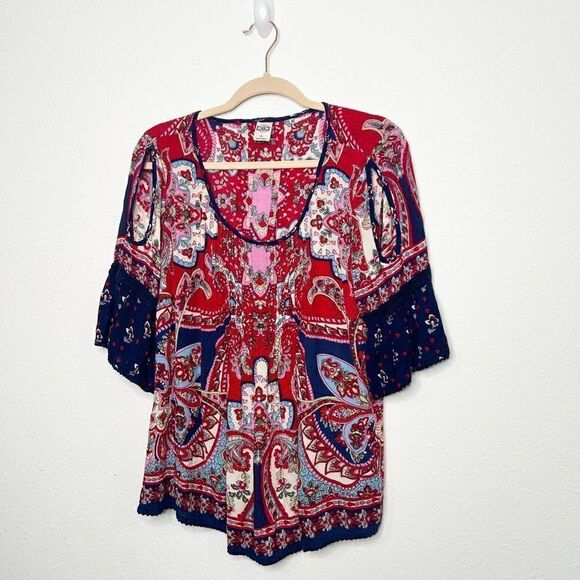 Bila Women’s Floral Boho Cold Shoulder Scoop Neck Multicolor Top Size L - Picture 1 of 14